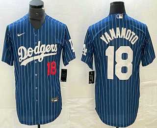 Mens Los Angeles Dodgers #18 Yoshinobu Yamamoto Number Blue Pinstripe Cool Base Stitched Baseball Jersey1